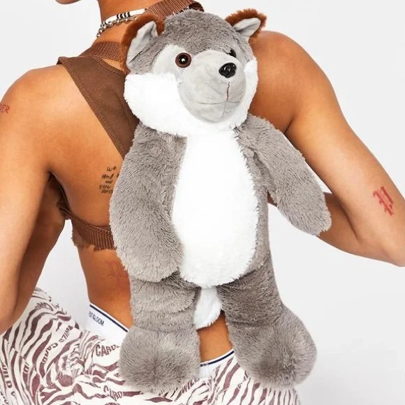 ⌛️SOLD⌛️Wolf 🐺 Wild Plush Fluffy Backpack Adult Grey - Picture 1 of 2